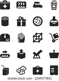 Solid Black Vector Icon Set - first aid kit vector, medical bag, packing of juice with a straw, put in box, cardboard, gift, shipment, unpacking, tin, pizza, fried potato slices, popcorn, cup, safe