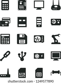 Solid Black Vector Icon Set - floppy disk vector, monitor, window, electronic thermometer e, cards, assembly robot, SIM card, calculator, engineer, pc power supply, tower, motherboard, usb, router