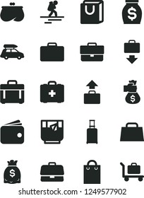 Solid Black Vector Icon Set - briefcase vector, medical bag, case, with handles, a glass of tea, wallet, purse, money, dollars, hand, car baggage, backpacker, suitcase, rolling, getting