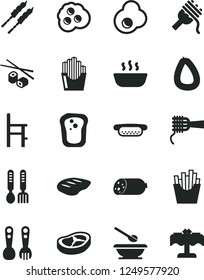 Solid Black Vector Icon Set - plates and spoons vector, a chair for feeding, plastic fork, iron, sausage, stick of, mini hot dog, spaghetti, noodles, porridge, bacon, chop, barbecue, French fries