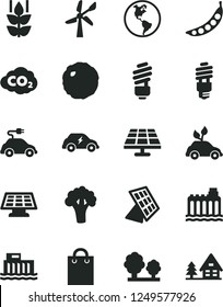 Solid Black Vector Icon Set - saving light bulb vector, cabbage, mint, peas, broccoli, solar panel, wind energy, planet Earth, hydroelectric station, hydroelectricity, trees, electric car, bag, sun