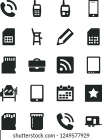 Solid Black Vector Icon Set - calendar vector, rss feed, toy mobile phone, a chair for feeding child, concrete mixer, smartphone, call, jam, SIM card, portfolio, pencil, tablet pc, sd, star, camper