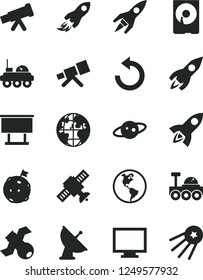 Solid Black Vector Icon Set - monitor vector, counterclockwise, planet Earth, billboard, rocket, space, hdd, telescope, satellite, antenna, saturn, lunar rover, flag on moon, first