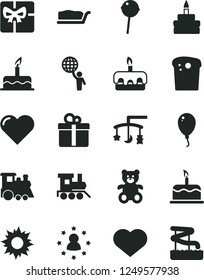 Solid Black Vector Icon Set - heart symbol vector, toys over the cradle, teddy bear, baby toy train, children's, balloon, cake, gift, Easter, slice, torte, birthday, Chupa Chups, giftbox, sun
