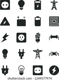 Solid Black Vector Icon Set - matte light bulb vector, saving, power socket type b, f, lightning, charge level, charging battery, accumulator, line, pole, plug, electric, processor, electricity