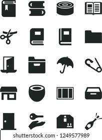 Solid Black Vector Icon Set - book vector, open pin, books, window frame, ntrance door, umbrella, folder, drawer, cardboard box, canned goods, half of coconut, stall, arm with key, exit, champagne