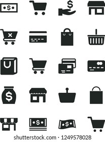 Solid Black Vector Icon Set - paper bag vector, grocery basket, bank card, cart, crossed, with handles, cards, kiosk, stall, shopping, front of the, get a wage, money, cash, dollar
