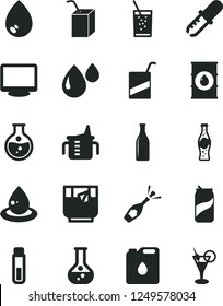 Solid Black Vector Icon Set - measuring cup for feeding vector, e, packing of juice with a straw, drop, glass soda, tea, can, bottle, round flask, oil, canister, monitor, test tube, pipette