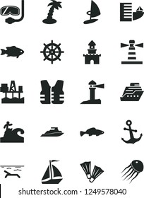 Solid Black Vector Icon Set - anchor vector, small fish, commercial seaport, lighthouse, coastal, sand castle, sail boat, hotel, beach, palm tree, flippers, diving mask, surfing, handwheel, cruiser