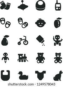 Solid Black Vector Icon Set - baby powder vector, bib, Child T shirt, rubber duck, warm socks, toy mobile phone, teddy bear, small, children's hairdo, train, yule, bicycle, shoes for little children
