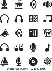 Solid Black Vector Icon Set - bell vector, desktop microphone, horn, loudspeaker, silent mode, drumroll, drum, headphones, regulator, volume, cd, pc speaker, note, disco ball