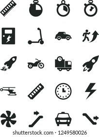 Solid Black Vector Icon Set - lightning vector, child Kick scooter, dangers, timer, car, delivery, marine propeller, retro, rocket, space, wall watch, memory, stopwatch, man arrow up, helicopter
