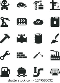 Solid Black Vector Icon Set - tower crane vector, brick wall, building trowel, hammer, gas station, valve, water pipes, barrel, industrial, conveyor, canister of oil, electric transport, CO2, repair
