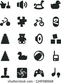 Solid Black Vector Icon Set - loudspeaker vector, rubber duck, baby duckling, bath ball, stacking rings, toy, roly poly doll, phone, sand set, small teddy bear, rocking horse, cubes for children