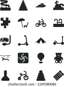 Solid Black Vector Icon Set - stacking rings vector, toy, small teddy bear, child bicycle, Kick scooter, Puzzle, Puzzles, pawn, air balloon, bike, tent, beach, arnchair under umbrella, pool, surfing