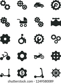 Solid Black Vector Icon Set - truck lorry vector, baby carriage, tricycle, Kick scooter, child, gears, cogwheel, gear, star, valve, retro car, three, dollar, motorcycle, disabled, handwheel