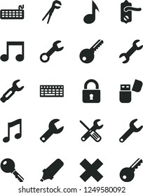 Solid Black Vector Icon Set - repair key vector, cross, small tools, adjustable wrench, door knob, lock, music, steel, text highlighter, keyboard, usb flash, note