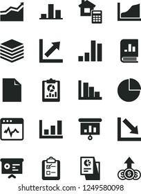 Solid Black Vector Icon Set - clean sheet of paper vector, pie chart, growth, negative, positive histogram, estimate, cardiogram, pile, survey, bar, statistical overview, book on statistics, graph