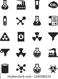 Solid Black Vector Icon Set - round flask vector, factory, oil, barrel, industrial building, radiation, carbon dyoxide, filter, water, research article, test tube, molecule, nuclear, biohazard