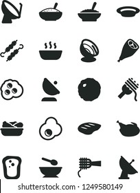Solid Black Vector Icon Set - deep plate with a spoon vector, spaghetti, noodles, bowl of buckwheat porridge, rice, hot, lettuce in, chicken, grill leg, chop, meat on skewers, cabbage, fried egg