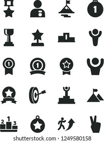 Solid Black Vector Icon Set - pedestal vector, winner, podium, gold cup, star reward, man arrow up, with medal, motivation, mountain flag, purpose, first place, pennant, ribbon, hero, hands