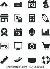 Solid Black Vector Icon Set - monitor vector, daily calendar, yardstick, negative histogram, knife, microphone, pumpkin, calculator, encrypting, keyboard, star ribbon, certificate, gold bar, tent