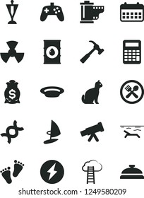 Solid Black Vector Icon Set - camera roll vector, footprints, hammer with claw, plate, oil, radiation, calendar, joystick, telescope, dna, calculator, electricity, pennant, money bag, cloud ladder