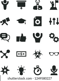Solid Black Vector Icon Set - thumb up vector, telescope, molecule, glasses, bulb, gears, settings, biohazard, scientist, presentation board, stopwatch, bang, winner, graduate, man with flag, dialog