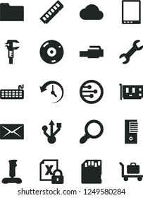 Solid Black Vector Icon Set - caliper vector, tablet pc, encrypting, keyboard, tower, memory, card, usb, cd, network, folder, lan connector, magnifier, joystick, sd, mail, repair, history, cloud
