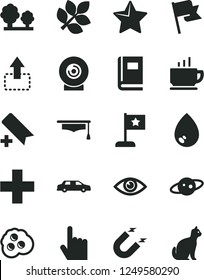 Solid Black Vector Icon Set - add bookmark vector, plus, star, index finger, eye, drop, flag, coffee, lens, move up, omelette, trees, magnet, book, graduate hat, saturn, biology, limousine, pets