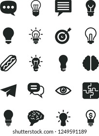 Solid Black Vector Icon Set - image of thought vector, matte light bulb, incandescent lamp, paper airplane, Puzzles, eye, Hot Dog, speech, brain, target, dialog, idea