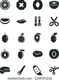 Solid Black Vector Icon Set - scissors vector, mark of injury, iron fork spoons, arm saw, knife, cheese, slices onion, piece meat, plum, half mango, peach, cherry, passion fruit, lemon, juicy, kiwi