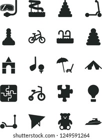 Solid Black Vector Icon Set - stacking rings vector, toy, small teddy bear, box of bricks, child bicycle, Kick scooter, Puzzle, Puzzles, pawn, air balloon, hang glider, bike, tent, pool, aquapark