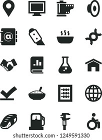 Solid Black Vector Icon Set - monitor window vector, loudspeaker, camera roll, new abacus, knife, home, earth, address book, a bowl of rice porridge, hot, sushi, gas station, caliper, location, dna
