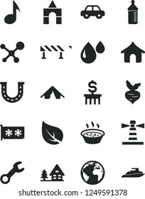Solid Black Vector Icon Set - sign of the planet vector, measuring bottle for feeding, motor vehicle, box bricks, road fence, porridge in a saucepan, beet, leaf, drop, lighthouse, gpu card, note