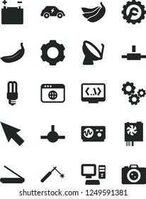 Solid Black Vector Icon Set - star gear vector, banana, bananas, accumulator, mercury light bulb, electric transport, satellite dish, welding, gears, computer, pc power supply, scanner, browser