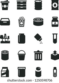 Solid Black Vector Icon Set - bin vector, storage unit, powder, baby, bucket, drawer, package, unpacking, canned goods, tin, cup of popcorn, coffe to go, jam, jar, commercial seaport, oil, barrel
