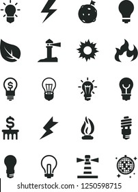 Solid Black Vector Icon Set - lightning vector, matte light bulb, incandescent lamp, leaf, energy saving, lighthouse, coastal, flame, flag on moon, dollar column, idea, sun, disco ball