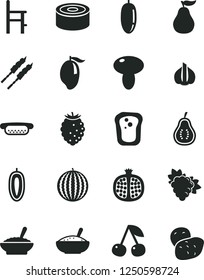 Solid Black Vector Icon Set - a chair for feeding vector, canned goods, mini hot dog, mushroom, bowl of buckwheat porridge, rice, barbecue, sandwich, cherry, half pomegranate, branch grape, mango