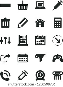 Solid Black Vector Icon Set - house vector, laptop, calendar, grocery basket, minus, abacus, dust bin, phone call, move right, bottom arrow, water filter, pencil, calculator, joystick, settings
