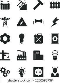 Solid Black Vector Icon Set - lightning vector, new radiator, hammer, coal mining, modern gas station, oil, battery, bulb, light, power pole, socket, industrial building, canister, tower crane, king