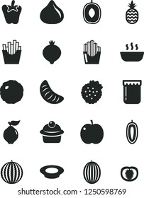 Solid Black Vector Icon Set - muffin vector, hot porridge, a plate of milk, cabbage, peper, French fries, fried potato slices, jam, strawberries, pineapple, apple, quince, fig, medlar, melon, water