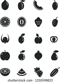 Solid Black Vector Icon Set - strawberry vector, apple, grape, pear, medlar, blueberry, mulberry, tasty, slice of melon, half, ripe plum, lime, sour, orange, grapefruit, physalis, water, tomato