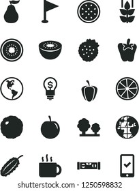 Solid Black Vector Icon Set - pennant vector, building level, cabbage, peper, cup of tea, strawberries, mint, tasty plum, kiwi, half, passion fruit, slice lemon, ripe guava, pepper, cucumber, trees