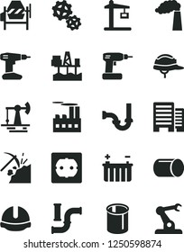 Solid Black Vector Icon Set - concrete mixer vector, cordless drill, sewerage, power socket type f, buildings, construction helmet, commercial seaport, working oil derrick, coal mining, water pipes