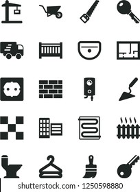 Solid Black Vector Icon Set - baby cot vector, brickwork, building trolley, trowel, arm saw, wooden paint brush, sink, comfortable toilet, lay out of flat, power socket type f, city block, tile, key