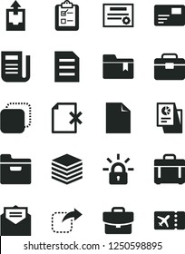 Solid Black Vector Icon Set - clean sheet of paper vector, upload archive data, folder bookmark, portfolio, received letter, case, pile, suitcase, pass card, delete page, survey, copy, move right