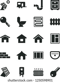 Solid Black Vector Icon Set - bedside table vector, house, dwelling, brick wall, window, frame, sink, toilet, siphon, heating coil, new radiator, boiler, home, key, big solar panel, aluminum, sun