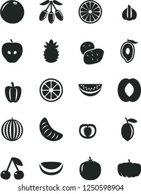 Solid Black Vector Icon Set - cherry vector, tasty apple, water melon, half of mango, goji berry, peach, slice, tangerine, lemon, juicy, orange, piece coconut, ripe pineapple, grapefruit, persimmon