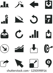 Solid Black Vector Icon Set - left direction vector, clockwise, counterclockwise, upload archive data, download, dangers, put in a box, expand picture, move down, right, bottom arrow, bar chart, pin